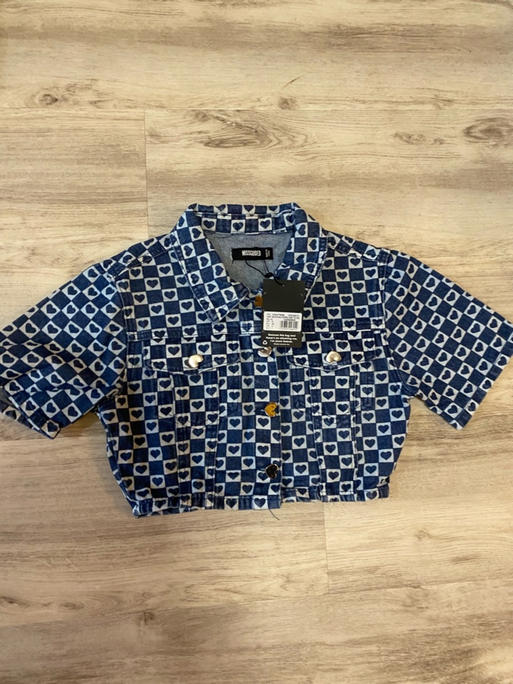 Missguided Blue Heart-Print Cropped Denim Jacket - Picture 14 of 16